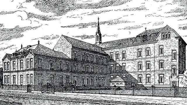 a drawn image of the school made to show the school before the 1942 bombing